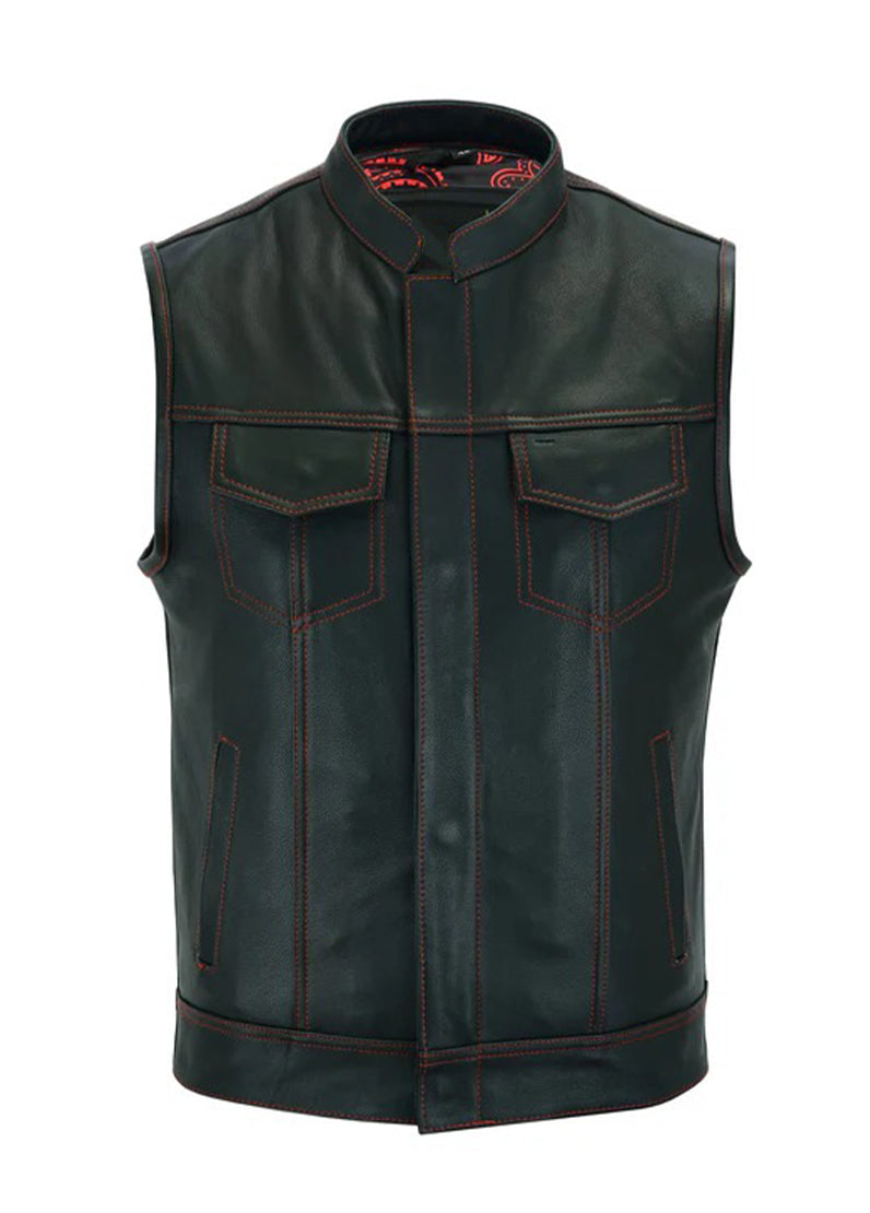 Men’s Black Leather Biker Vest with Red Stitching – Premium Motorcycle Western Vest | The Western Jacket
