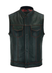 Men’s Black Leather Biker Vest with Red Stitching – Premium Motorcycle Western Vest | The Western Jacket