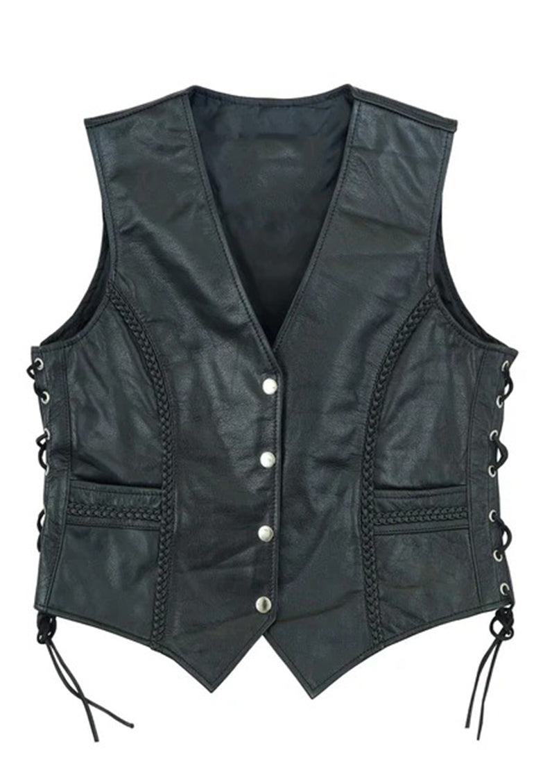 Women’s Black Leather Biker Vest – Vintage Braided Side Lace Waistcoat | The Western Jacket