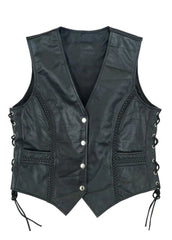 Women’s Black Leather Biker Vest – Vintage Braided Side Lace Waistcoat | The Western Jacket