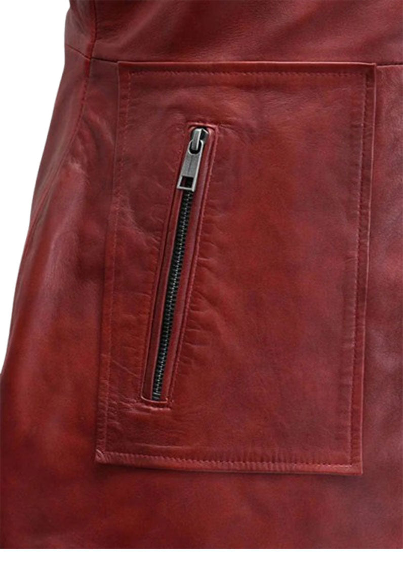 Women’s Maroon Genuine Leather Short-Sleeve Dress | The Western Jacket