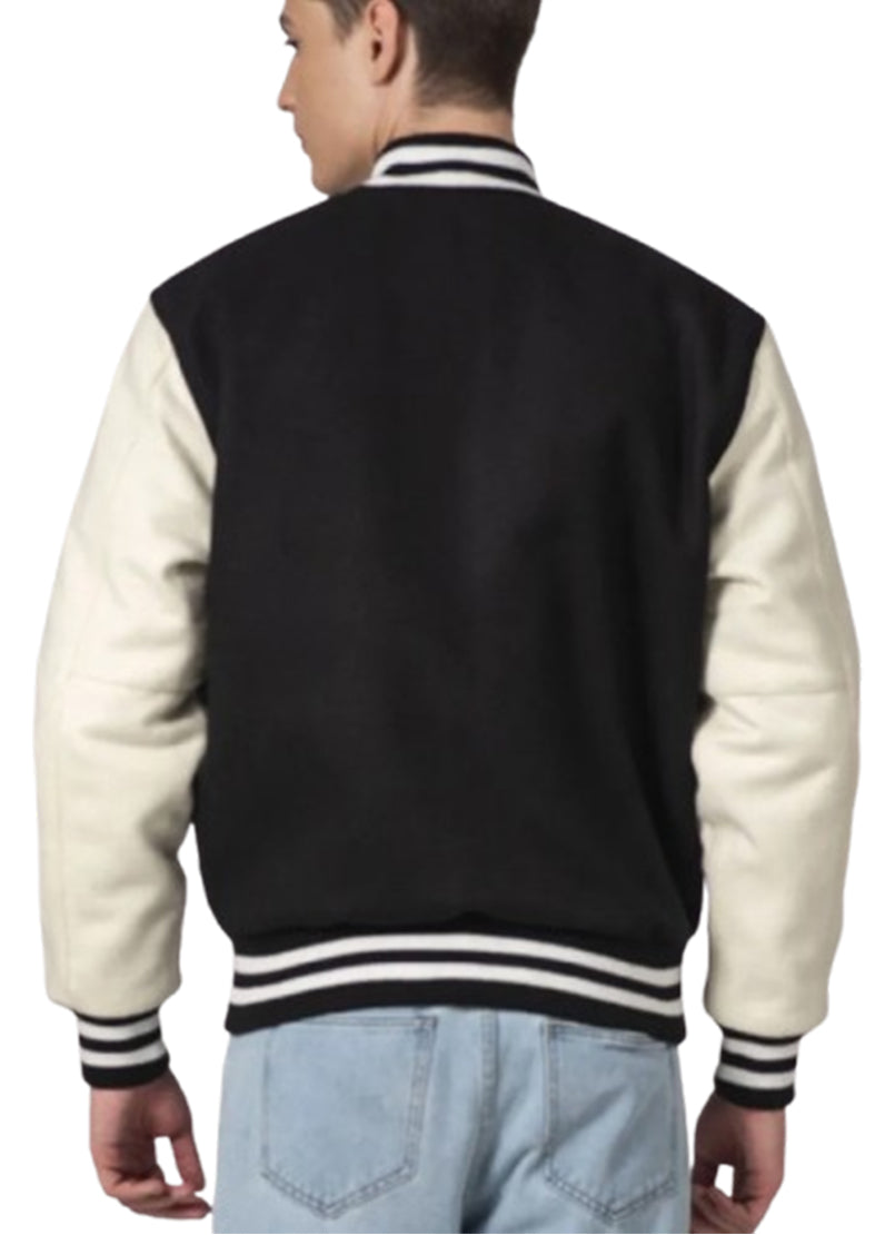 Men’s Black & White Classic Varsity Jacket | Snap Button Bomber Jacket
