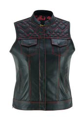 Women’s Black Leather Vest with Red Heart Stitching | Stylish Western Sleeveless Jacket