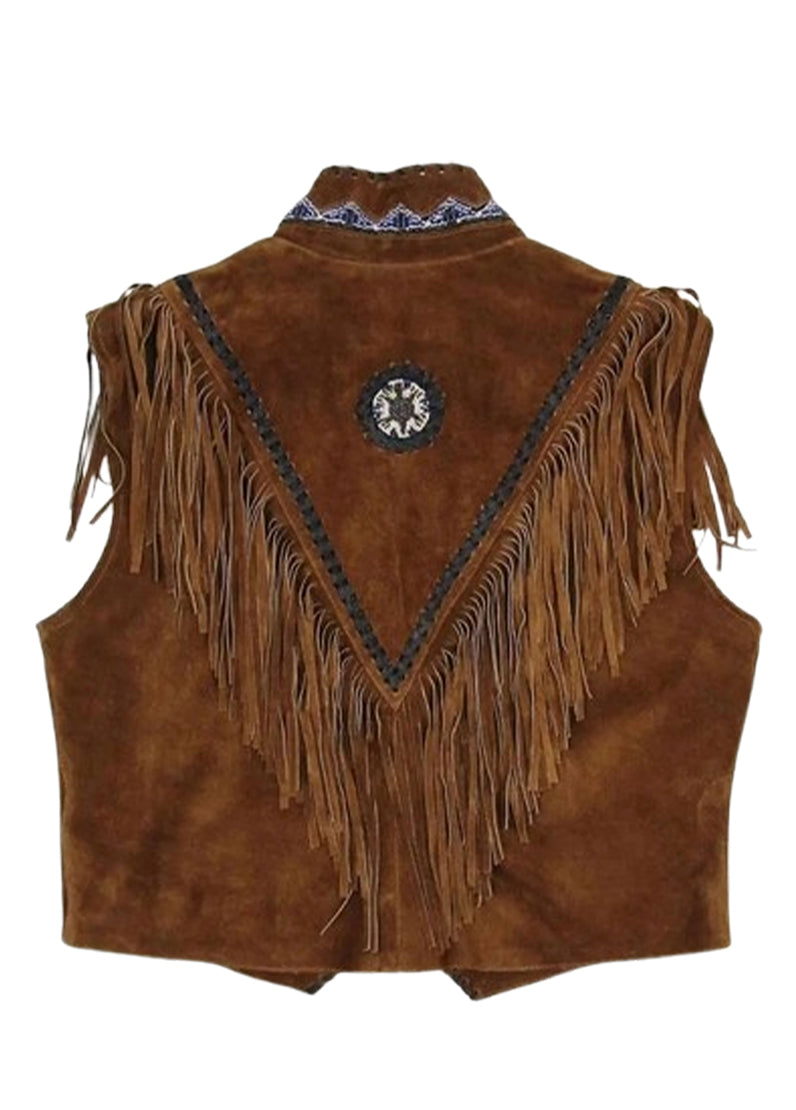 Men’s Brown Western Leather Vest with Fringe – Vintage Cowboy Style Suede Waistcoat | The Western Jacket