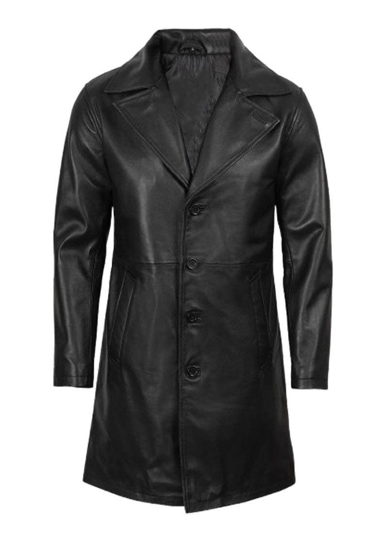 Men’s Genuine Black Leather Long Trench Coat