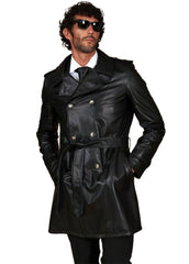 Men’s Real Leather Long Trench Coat – Classic Black Double-Breasted Overcoat | The Western Jacket