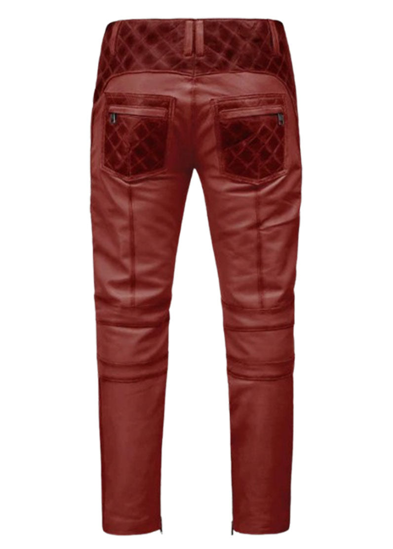 Men’s Quilted Biker Leather Pants – Genuine Lambskin – Maroon by The Western Jacket Company