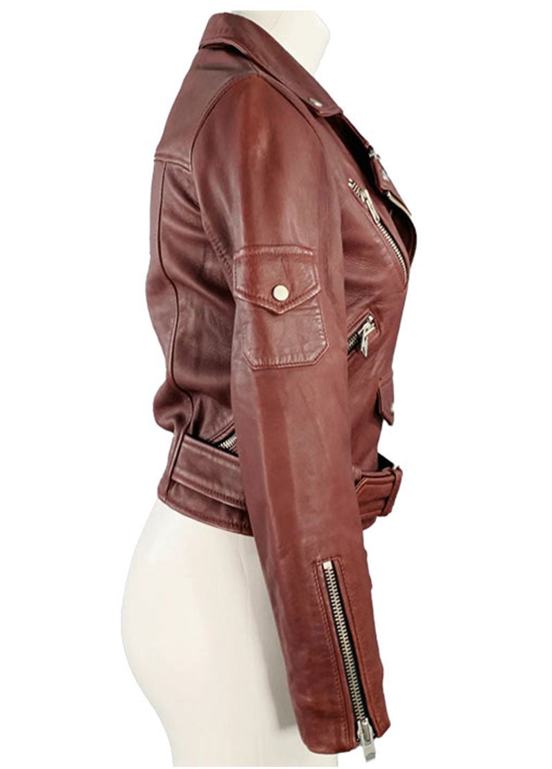 Women’s Maroon Biker Leather Jacket – Genuine Leather by The Western Jacket