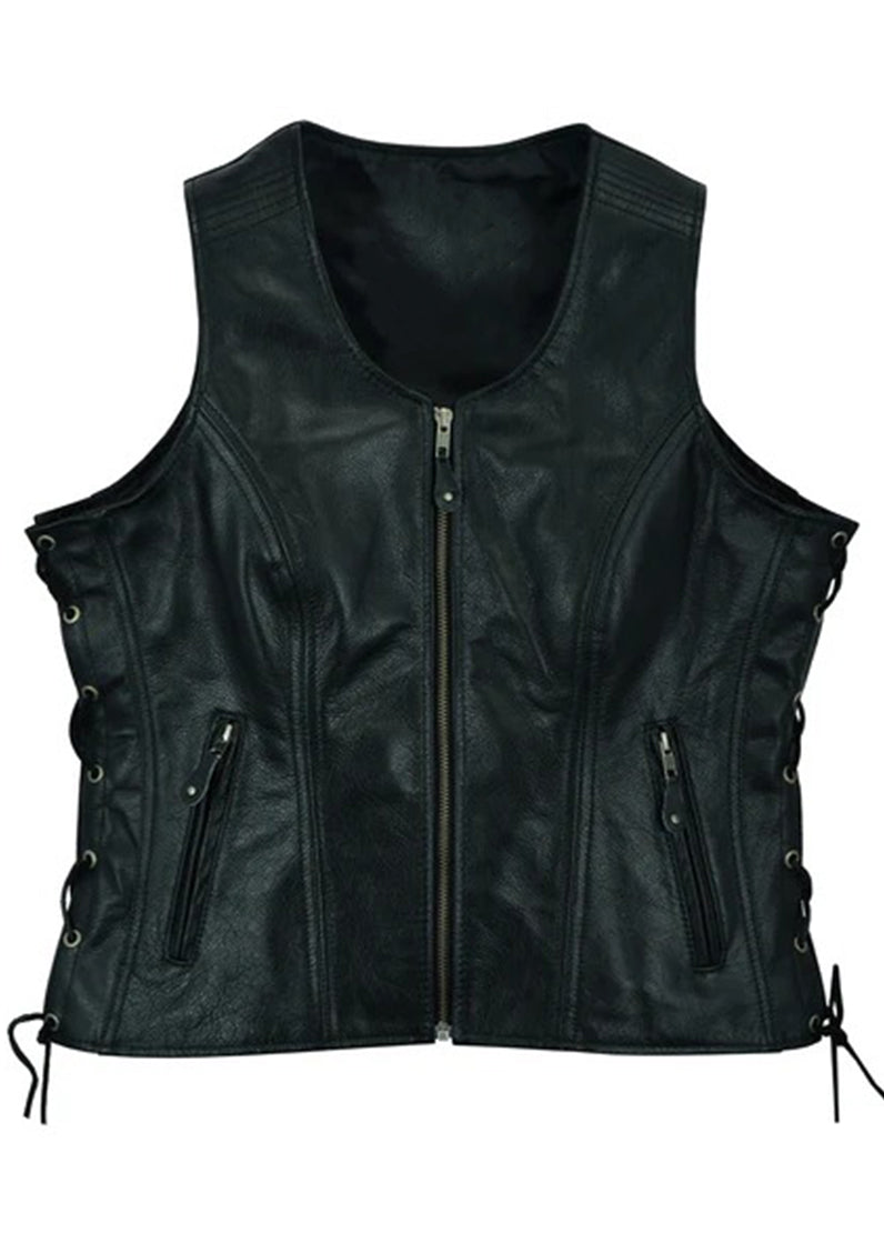 Women’s Black Leather Vest – Lace-Up Sides Motorcycle Style | The Western Jacket