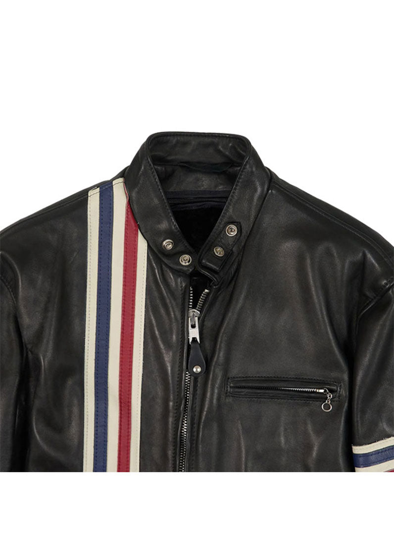 Men’s Black Genuine Leather Racer Jacket with Red and White Stripes – The Western Jacket
