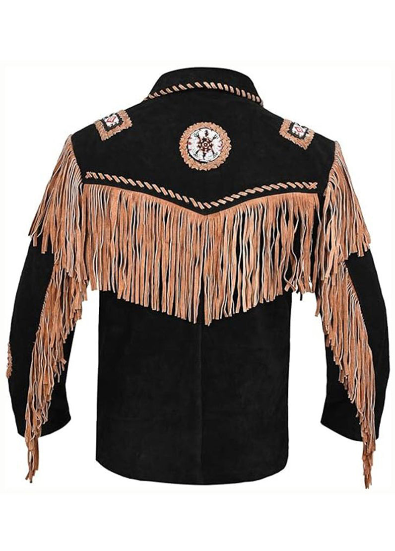 Men's Black Western Fringe Suede Jacket – Cowboy Style Tassel Leather Inspired Coat with Tribal Embroidery