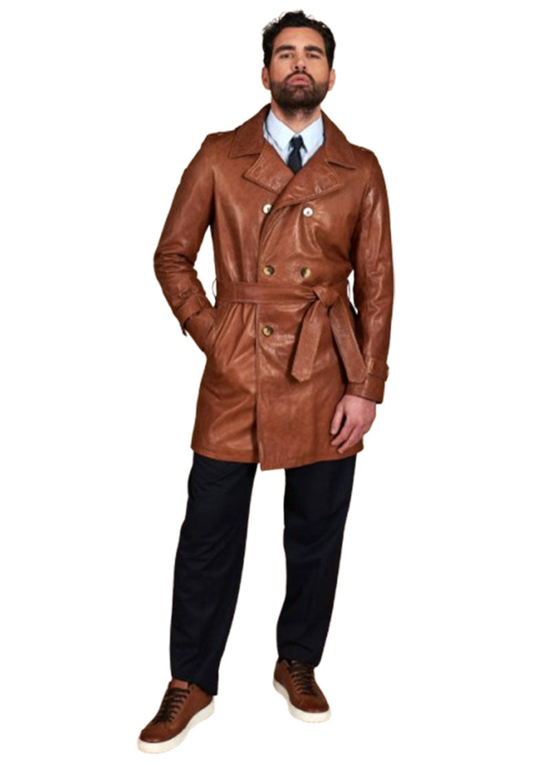 Men's Brown Genuine Leather Double-Breasted Trench Coat / Belted Mid-Length Jacket
