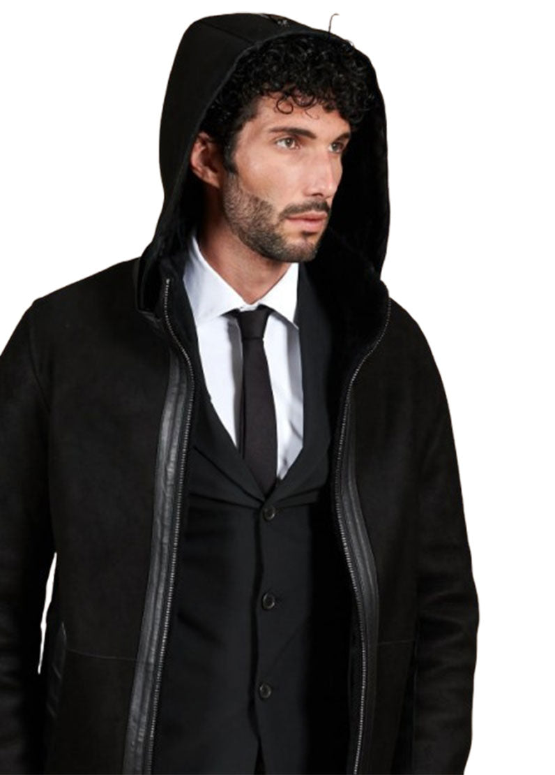 Men’s Black Suede Leather Long Coat with Hood – Classic Winter Overcoat by The Western Jacket