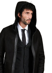 Men’s Black Suede Leather Long Coat with Hood – Classic Winter Overcoat by The Western Jacket