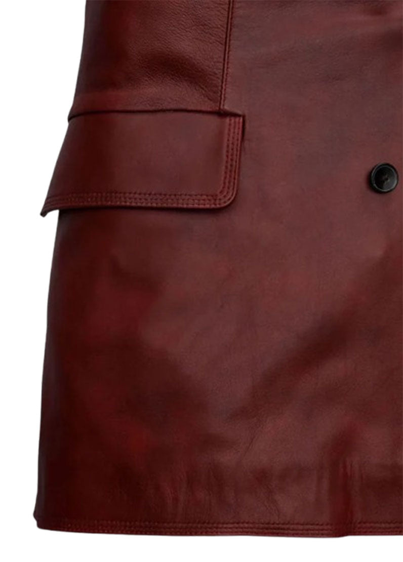 Women’s Genuine Leather Long Coat – Burgundy Classic Double-Breasted Trench | The Western Jacket