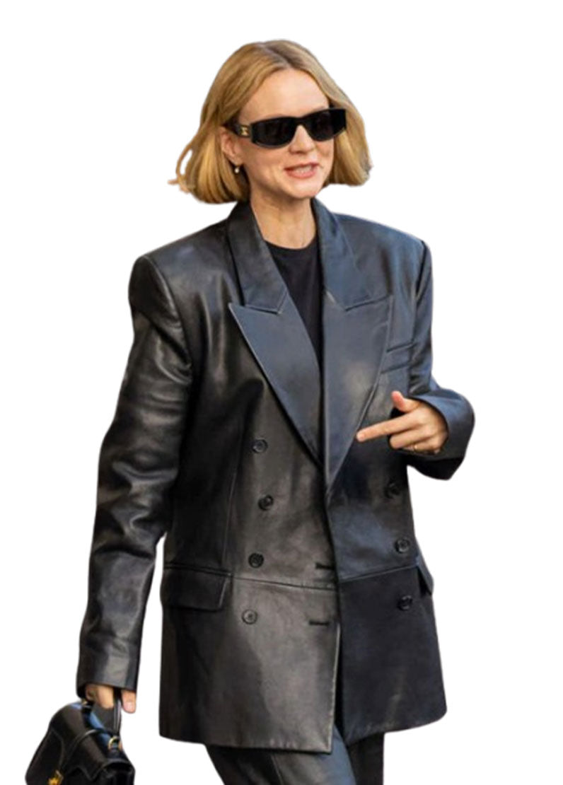 Women’s Genuine Leather Long Coat – Black Double-Breasted Blazer by The Western Jacket