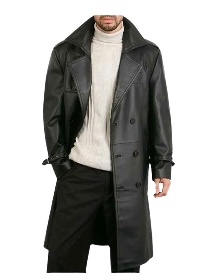 Men's Classic Black Genuine Leather Trench Coat - Double-Breasted Overcoat
