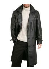 Men's Classic Black Genuine Leather Trench Coat - Double-Breasted Overcoat