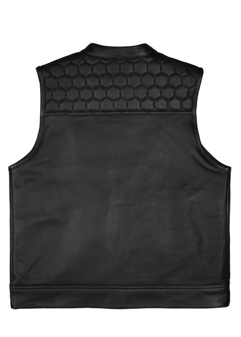 Men’s Black Leather Biker Vest with Hexagon Quilted Shoulder Design
