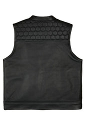 Men’s Black Leather Biker Vest with Hexagon Quilted Shoulder Design