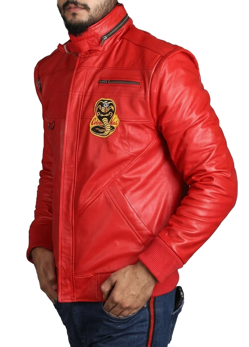 Cobra Kai Red Leather Jacket for Men – Karate Kid Inspired Bomber Jacket