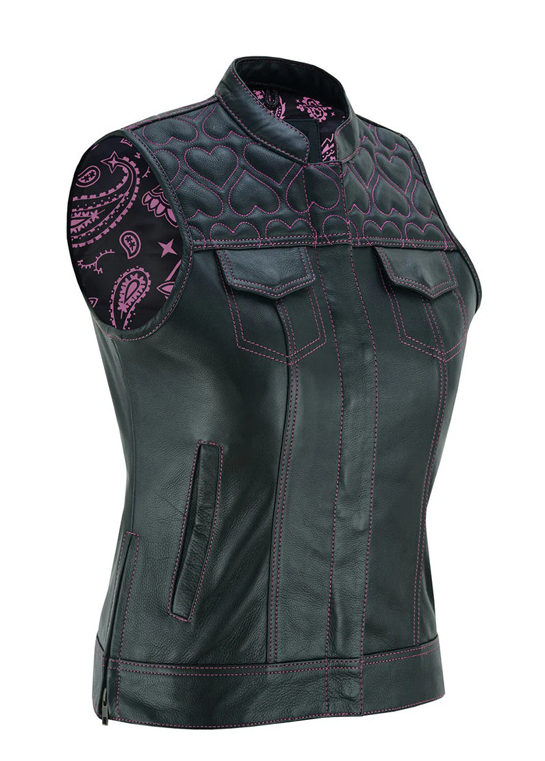 Women’s Black Leather Western Vest with Pink Heart Stitching | Stylish Biker Cowgirl Vest – The Western Jacket