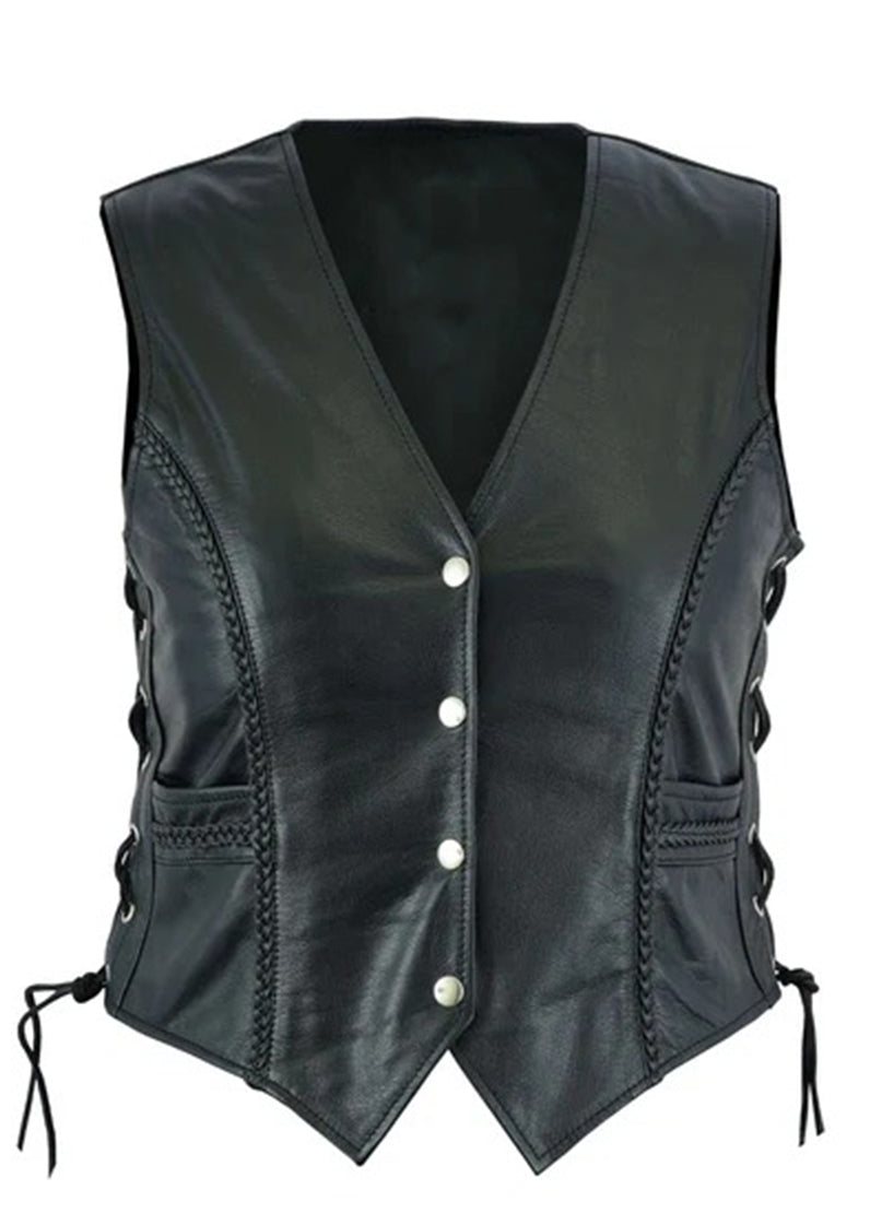 Women’s Black Leather Biker Vest – Vintage Braided Side Lace Waistcoat | The Western Jacket
