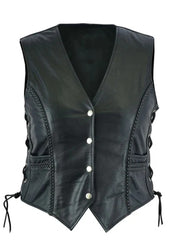 Women’s Black Leather Biker Vest – Vintage Braided Side Lace Waistcoat | The Western Jacket