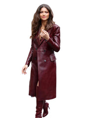 Women’s Maroon Double-Breasted Genuine Leather Long Coat | The Western Jacket