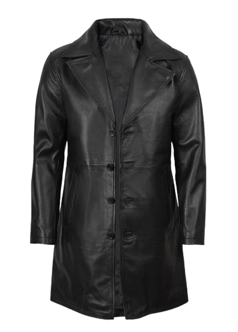 Men’s Genuine Black Leather Long Trench Coat
