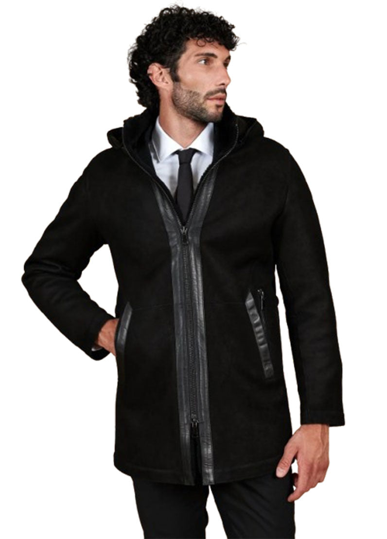 Men’s Black Suede Leather Long Coat with Hood – Classic Winter Overcoat by The Western Jacket