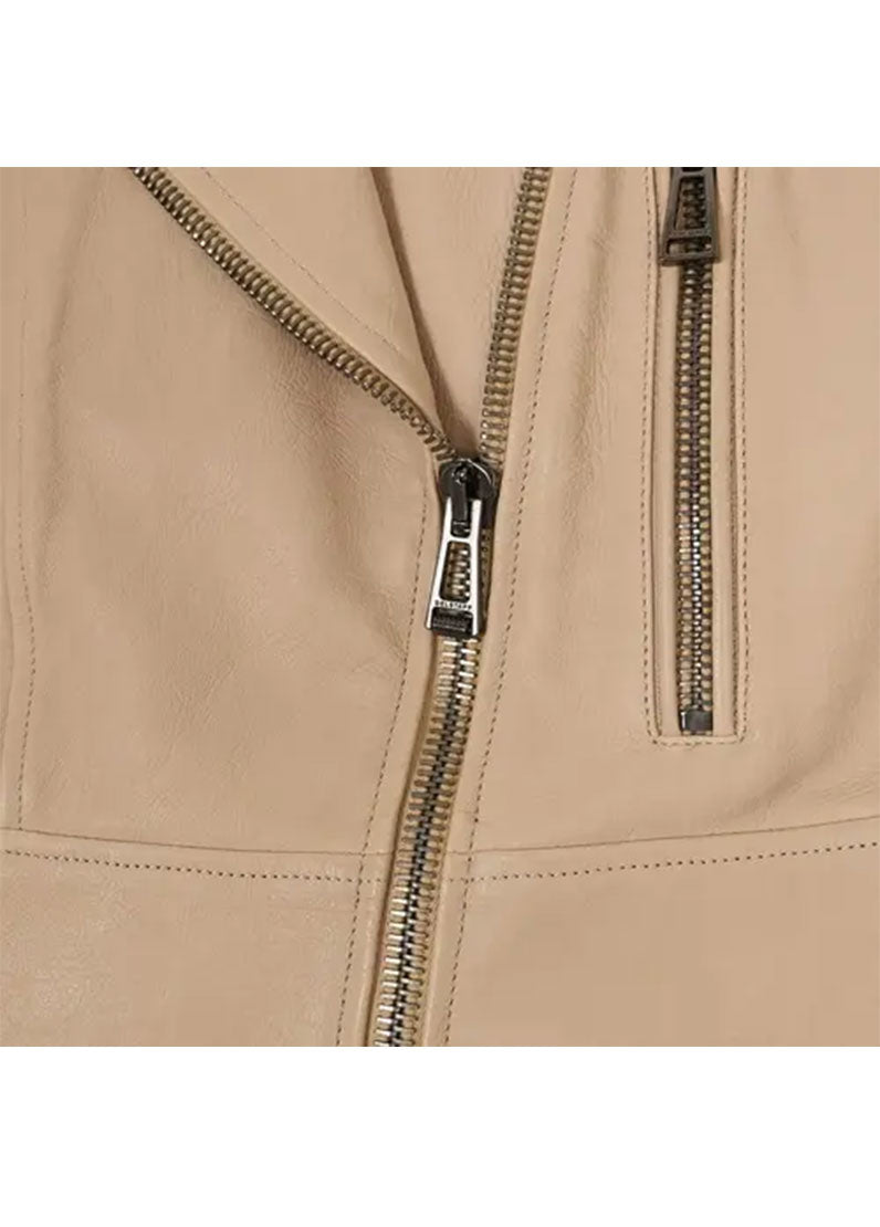 Women’s Beige Genuine Leather Biker Jacket – Stylish Short Fit by The Western Jacket