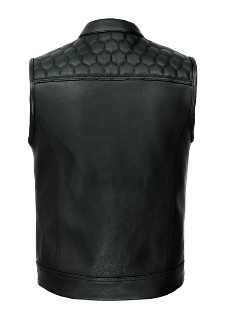 Men’s Black Leather Biker Vest with Hexagon Quilted Shoulder Design