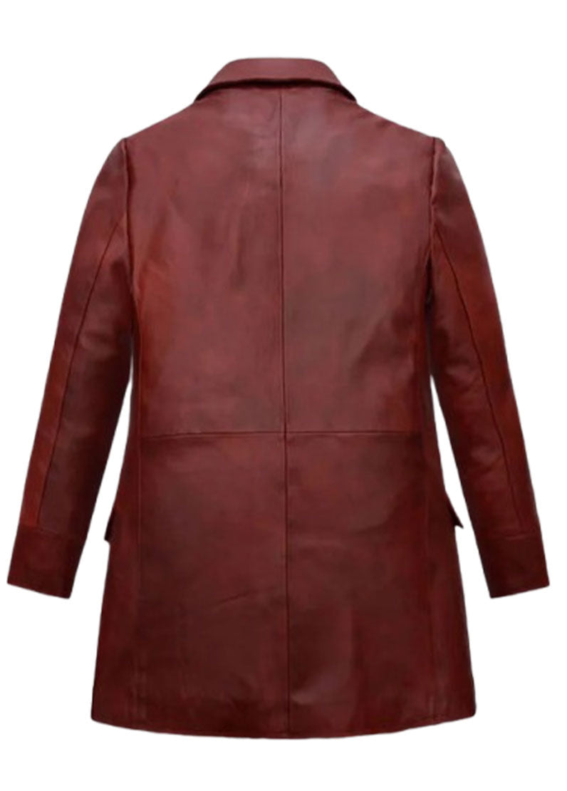 Women’s Genuine Leather Long Coat – Burgundy Classic Double-Breasted Trench | The Western Jacket