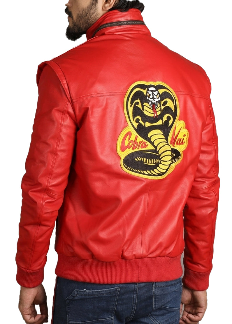 Cobra Kai Red Leather Jacket for Men – Karate Kid Inspired Bomber Jacket