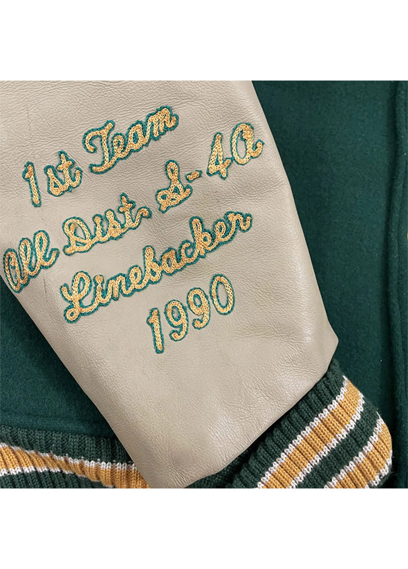 Cleveland Pumpkins Green Varsity Jacket – Premium Wool & Leather Letterman Jacket | Vintage Football Patch Bomber | The Western Jacket