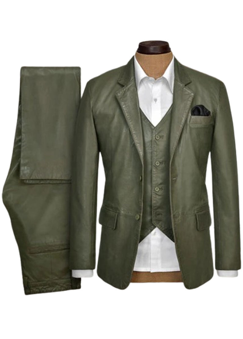 Genuine Leather Olive Tuxedo, Artisan Olive 3-Piece Leather Suit
