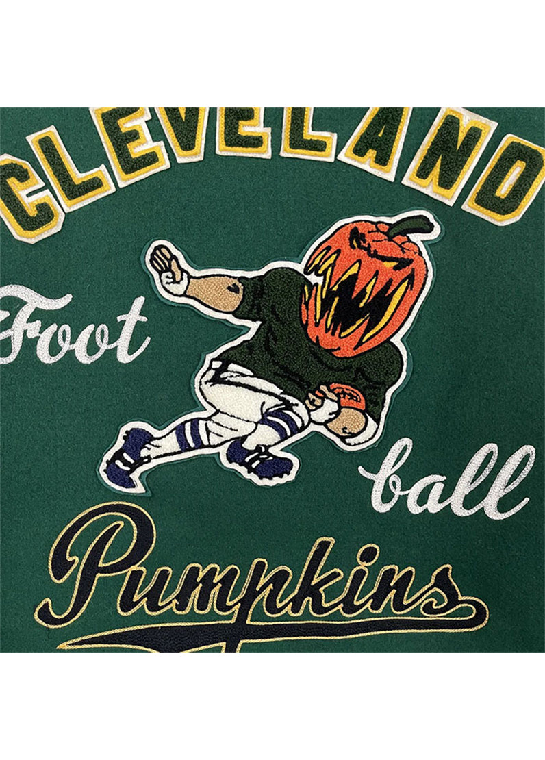 Cleveland Pumpkins Green Varsity Jacket – Premium Wool & Leather Letterman Jacket | Vintage Football Patch Bomber | The Western Jacket