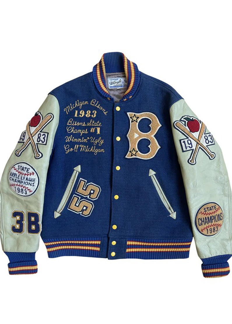 1983 Michigan Bisons Championship Blue & White Wool Leather Varsity Jacket for Men