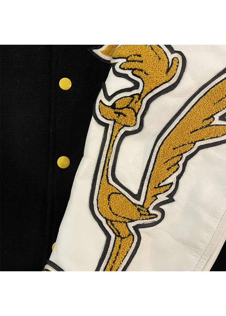 Men’s Road Runner California Black & White Varsity Jacket – Wool Body Leather Sleeves