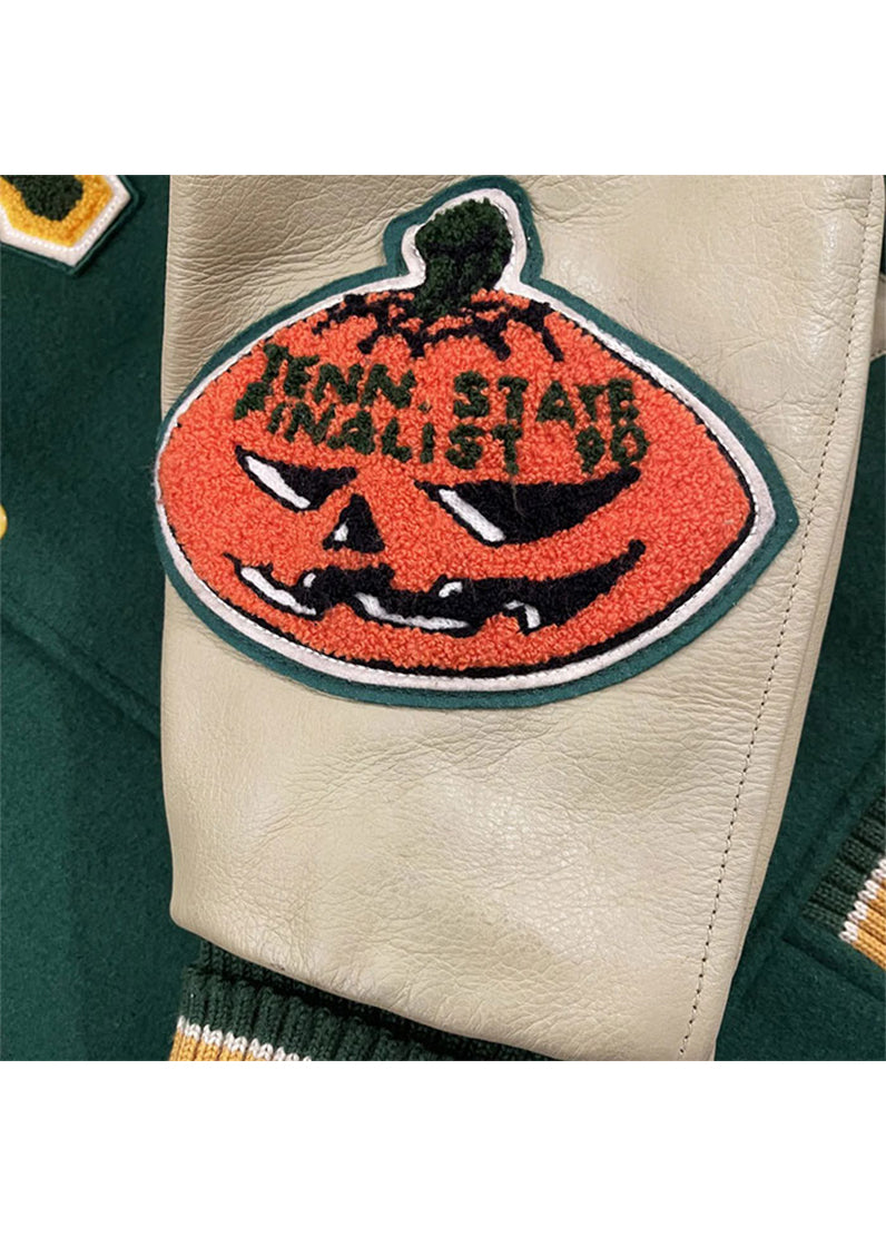 Cleveland Pumpkins Green Varsity Jacket – Premium Wool & Leather Letterman Jacket | Vintage Football Patch Bomber | The Western Jacket