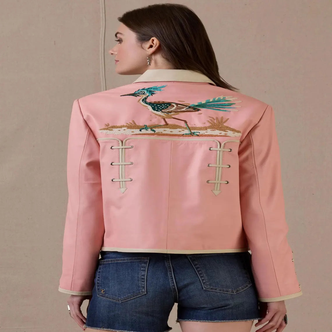 Women's Pink Western Embroidered Leather Jacket with Roadrunner Design