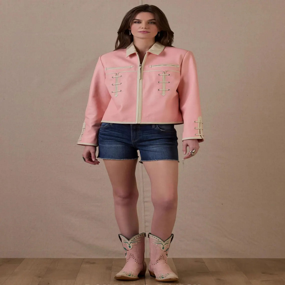 Women's Pink Western Embroidered Leather Jacket with Roadrunner Design