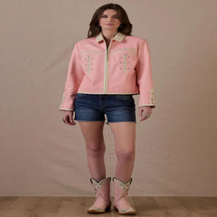 Women's Pink Western Embroidered Leather Jacket with Roadrunner Design
