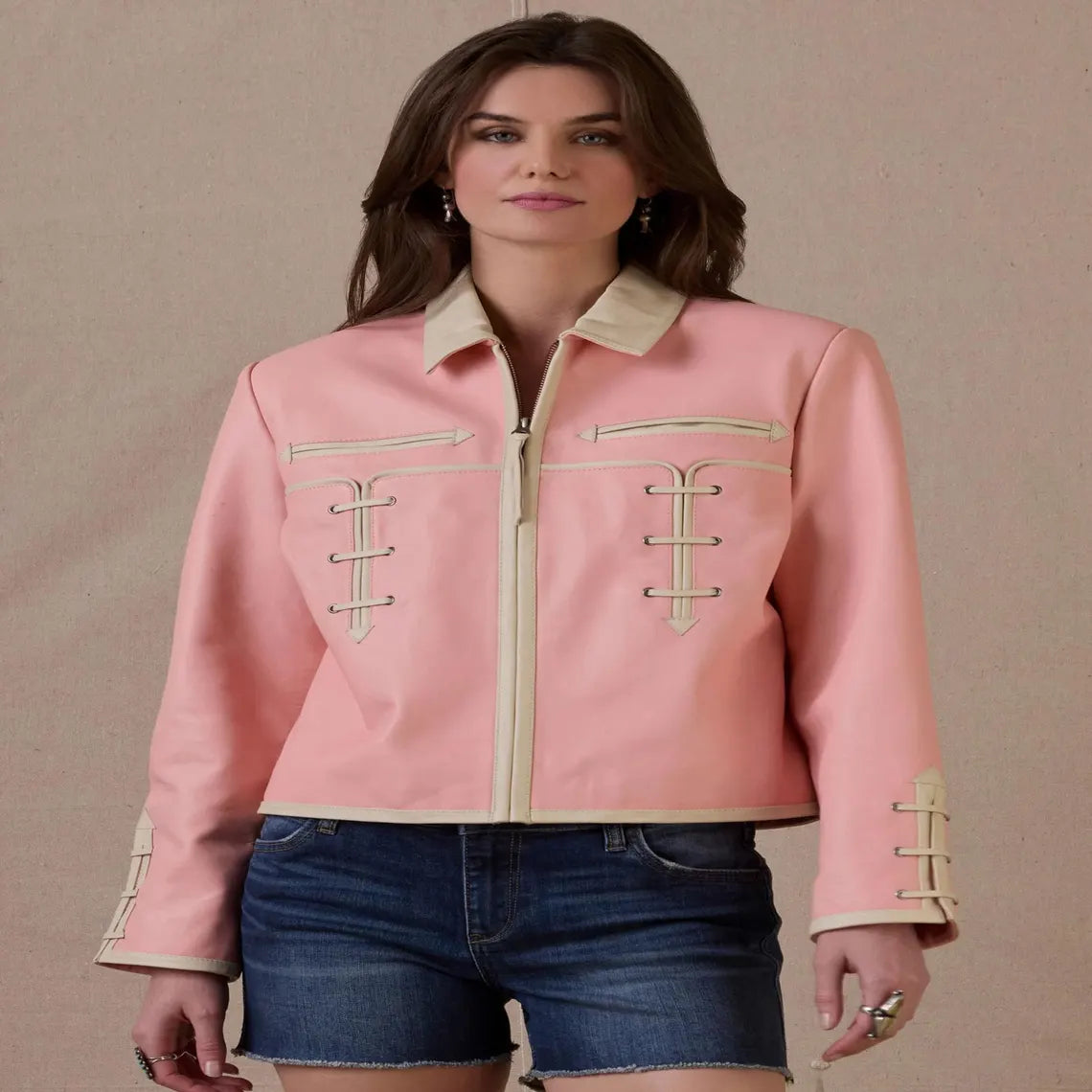 Women's Pink Western Embroidered Leather Jacket with Roadrunner Design