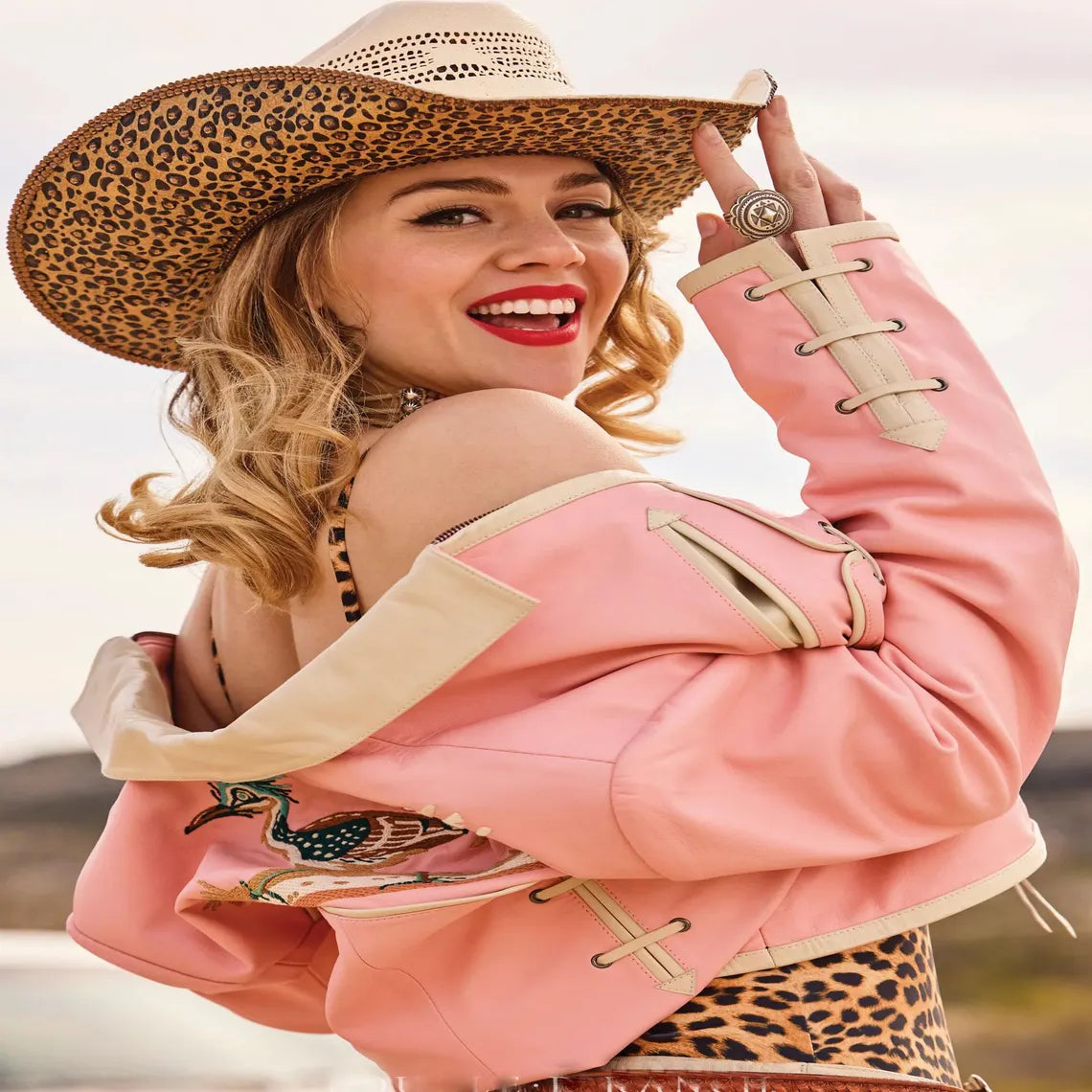 Women's Pink Western Embroidered Leather Jacket with Roadrunner Design